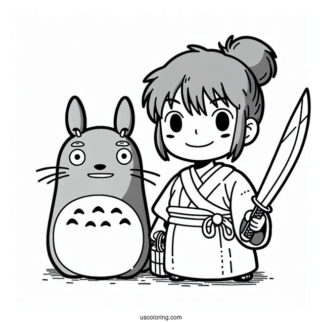 Studio Ghibli Coloring Page of San Holding Knife With Moro