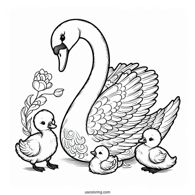 Mama Swan Coloring Page With Baby Cygnets