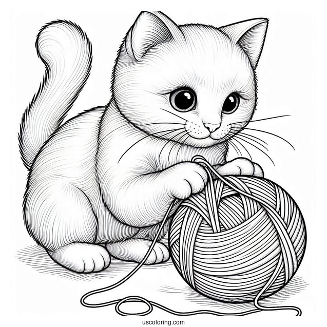 Coloring Sheet Of Realistic Cat Playing With Yarn