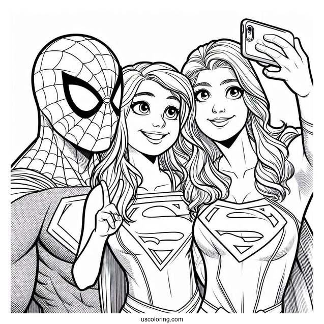 Spiderman, Superman, And Supergirl Coloring Page Taking A Selfie