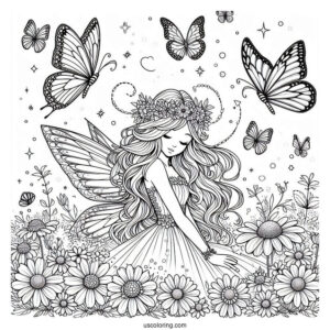 Beautiful Fairy Surrounded By Butterflies On A Flower Field