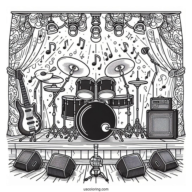 Music Coloring Page Of Complete Drum Set On Stage