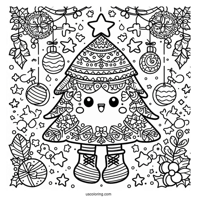 Christmas Mandala Coloring Page Of Kawaii Christmas Tree With Large Star Mandala For Kids