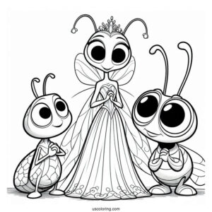 Pixar Coloring Page of Princess Atta, Flik, Heimlich, And Dot Bug s Life
