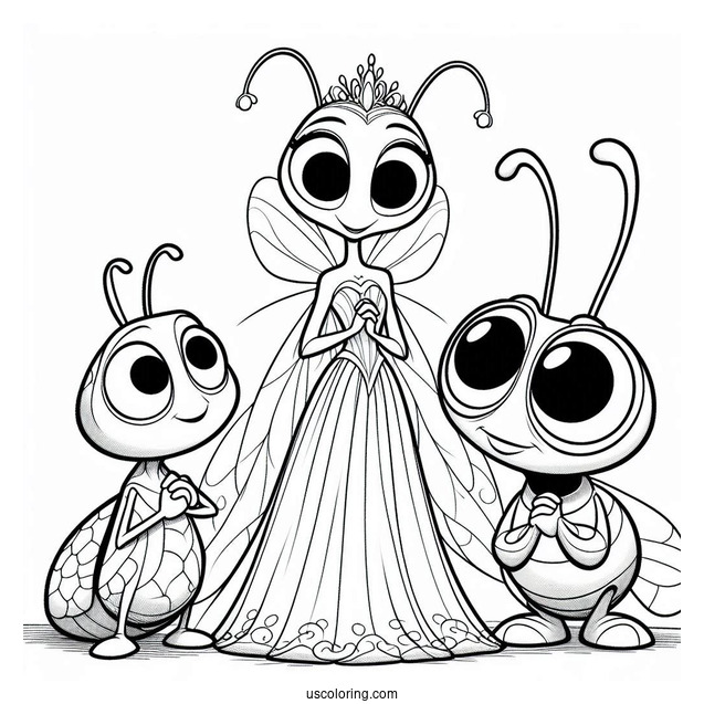 Pixar Coloring Page of Princess Atta, Flik, Heimlich, And Dot Bug s Life