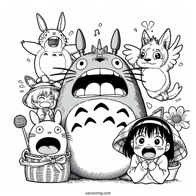 Studio Ghibli Coloring Page of Totoro, Catbus, Mei, And Satsuki Screaming