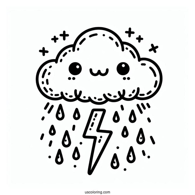 Simple Cloud with Rain Coloring Page And Thunder For Kids