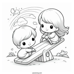 Simple Precious Moments Coloring Page Of Children Playing On Seesaw