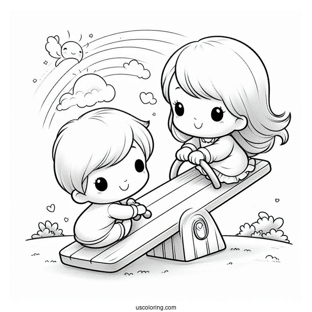 Simple Precious Moments Coloring Page Of Children Playing On Seesaw