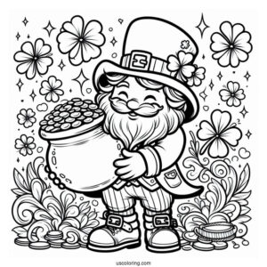 St. Patrick's Day Coloring Page Of Leprechaun Holding A Pot Of Gold For Kids