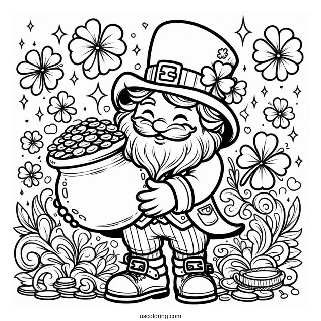 St. Patrick's Day Coloring Page Of Leprechaun Holding A Pot Of Gold For Kids