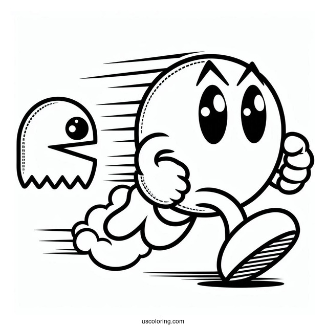 Pac-Man Coloring Page Running Towards Cyan Ghost
