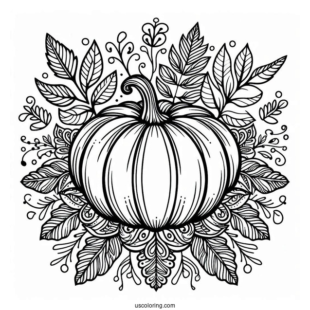 Intricate Pumpkin Coloring Page Mandala With Leaves