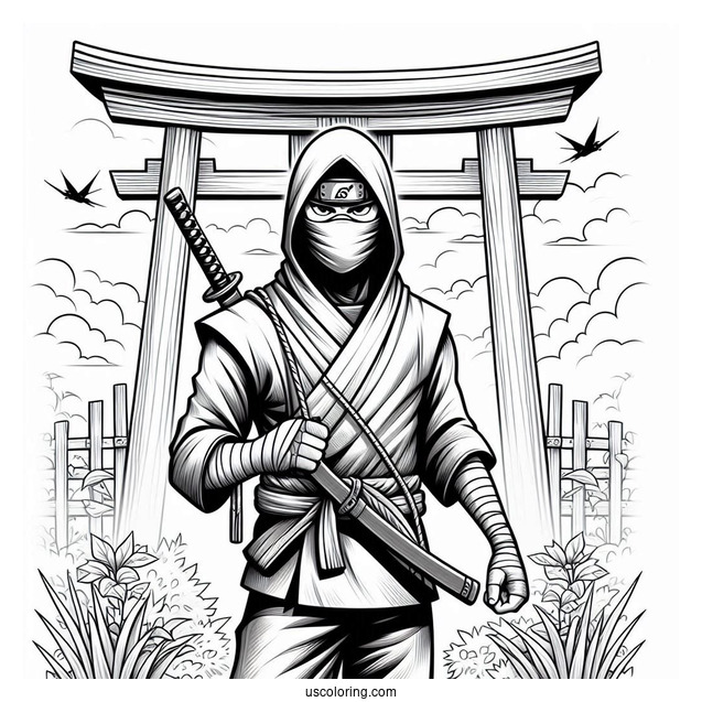 Realistic Ninja In Front Of A Torii Coloring Page