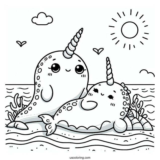 Stitch And A Narwhal Coloring Page Lounging At The Beach