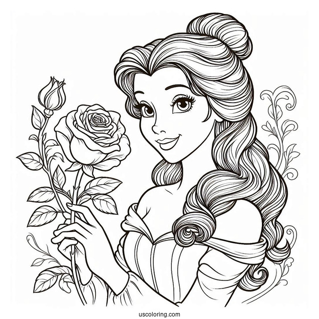 Detailed Coloring Page Of Belle Holding a Rose