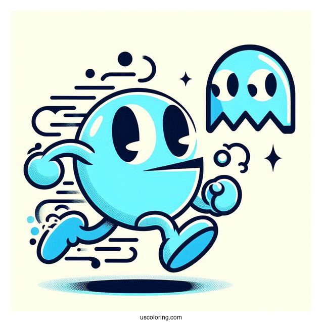Pac-Man Coloring Page Running Towards Cyan Ghost