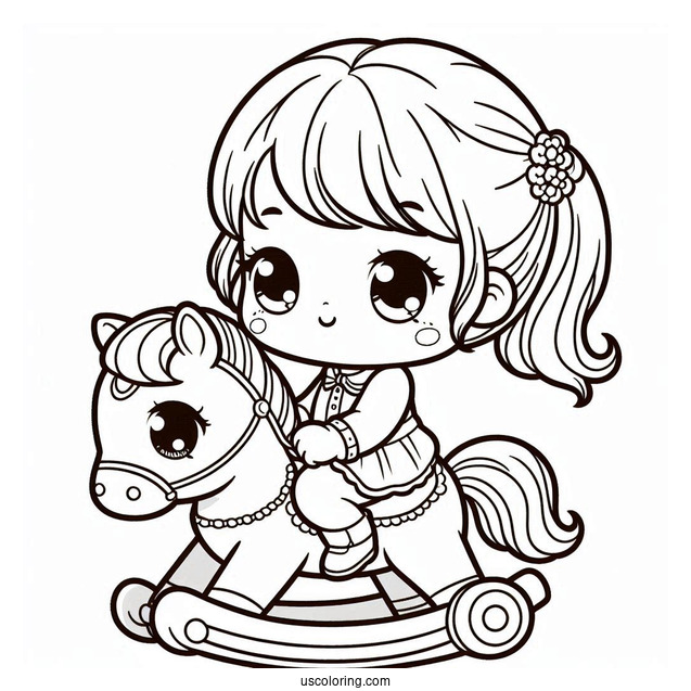 Kawaii Baby Coloring Page Riding A Toy Horse