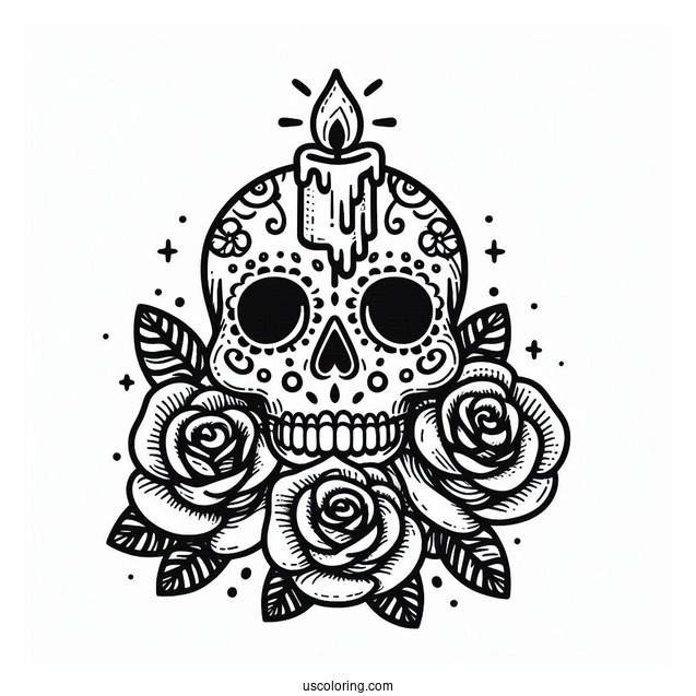 Sugar Skulls Coloring Page With Two Roses And A Lit Candle On Its Head