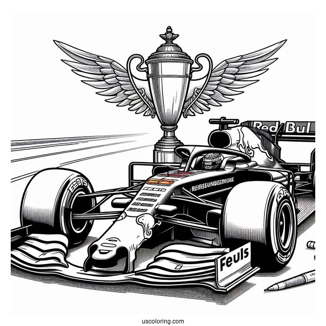 F1 Coloring Page Of Red Bull RB13 Race Car With Trophy In Background