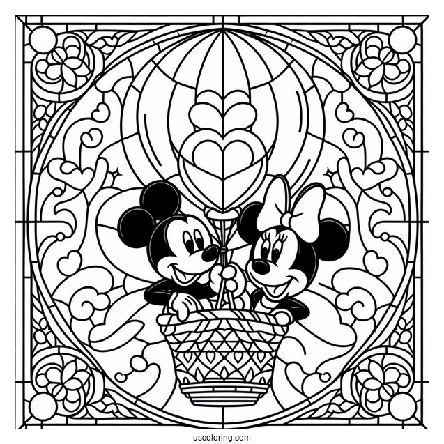 Mickey And Minnie Mouse On A Hot Air Balloon Stained Glass Coloring Page