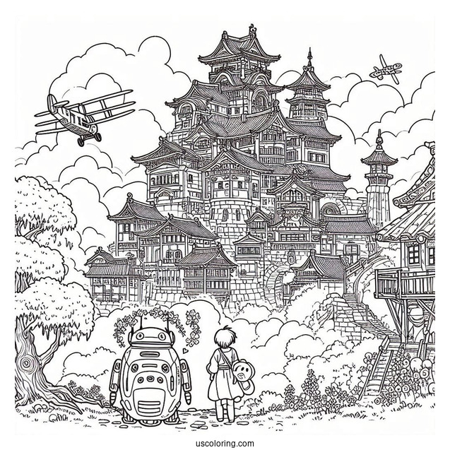Studio Ghibli Coloring Page of Castle In The Sky Sheeta And Pazu With Robot