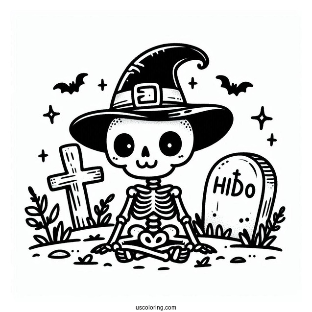 Cute Skeleton Coloring Page In Hat Sitting On Tombstone Halloween