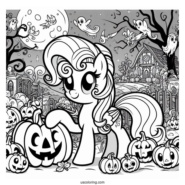 Coloring Sheet of Halloween My Little Pony with Ghosts and Jack-O-Lanterns