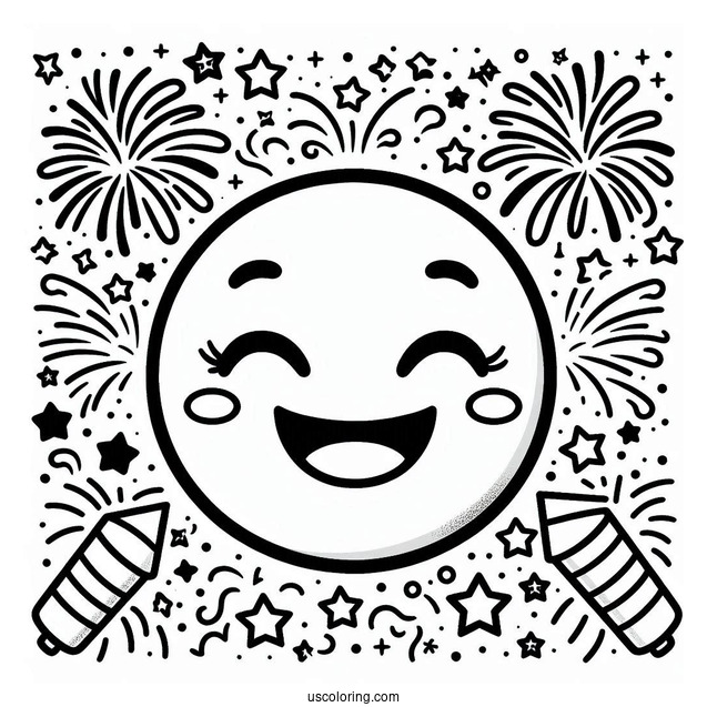 New Year Coloring Page Of Smiling Emoji With Fireworks And Stars