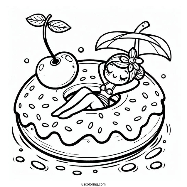 Donut Coloring Page With Cherry Lounging In A Floaty
