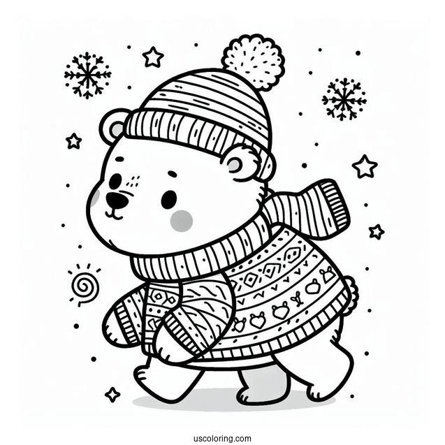 Polar Bear In A Sweater Going To The North Pole Coloring Page