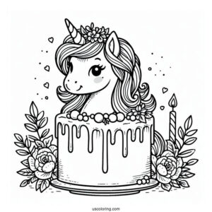 Unicorn Birthday Cake Coloring In For Kids