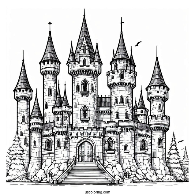 Massive Castle Coloring Page With Towers In The Corner