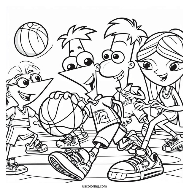 Phineas And Ferb Coloring Page Playing Basketball With Buford, Isabella, Baljeet, Candace, And Perry