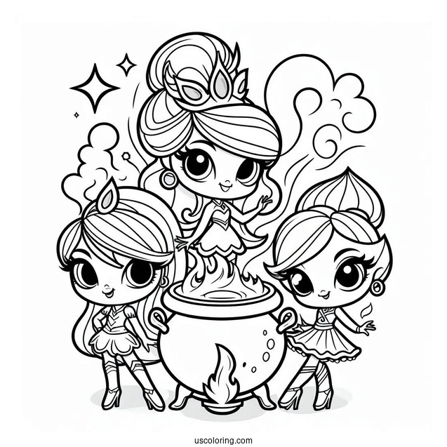 Shimmer And Shine Coloring Page With Smoking Cauldron At The Back With Zeta And Nazboo