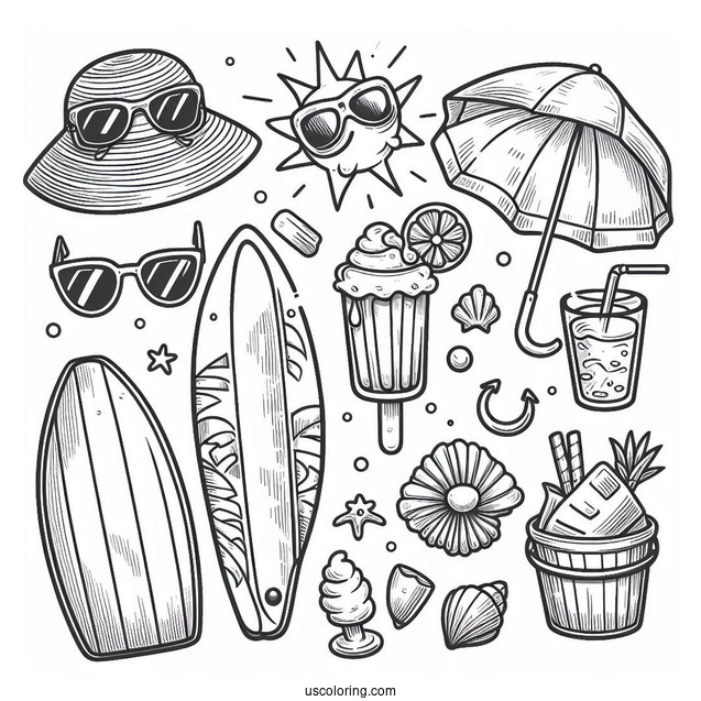 Summer Coloring Page Surf Board, Goggles, Popsicle, Hat, Seashell, Bucket, Drink, Sun, And Umbrella