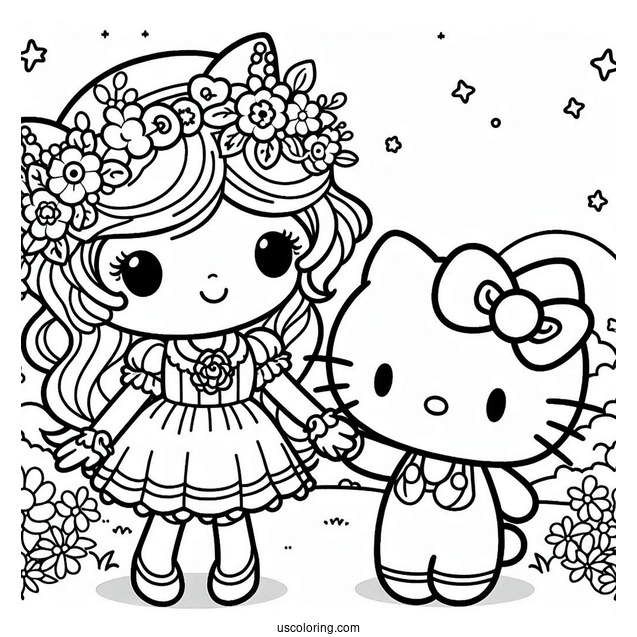 My Melody Coloring Page Holding Hands With Hello Kitty