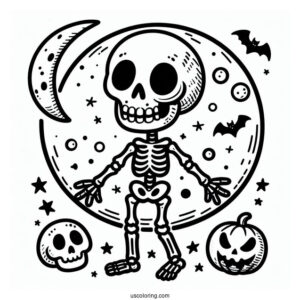Cartoon Skeleton Coloring Page On Halloween