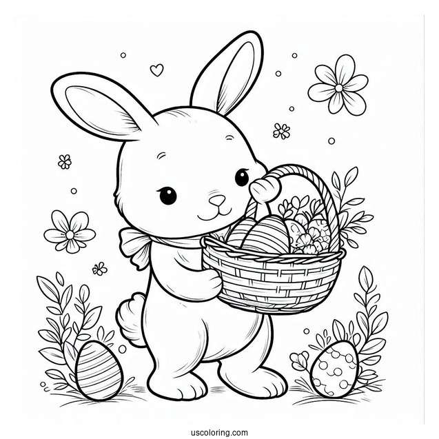 Easter Bunny Coloring Page Carrying Basket With Eggs For Kids