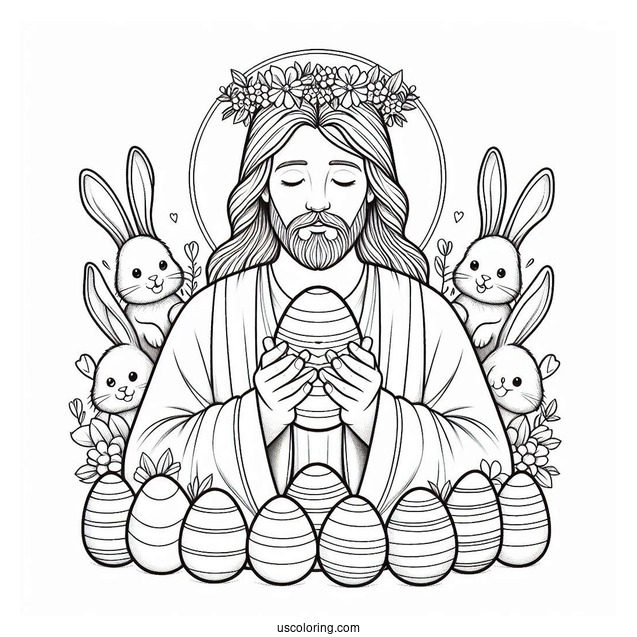 Jesus Holding An Easter Coloring Page Of Egg While Surrounded By Bunnies