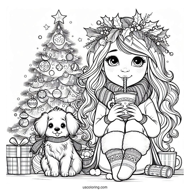 Christmas Coloring Pages For Adults Of Little Girl Drinking Hot Chocolate Next To The Christmas Tree With Her Dog