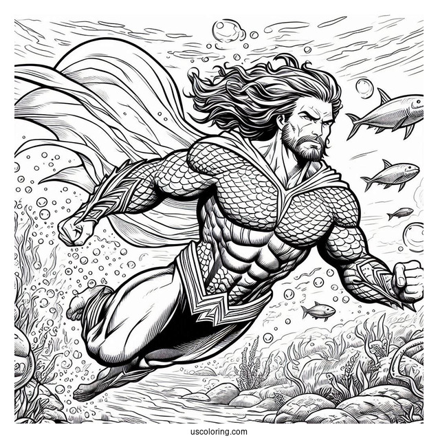 Aquaman Coloring Page Arthur Curry Swimming Underwater