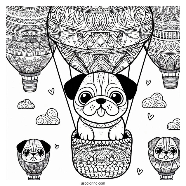 Pug Coloring Page in Patterned Hot Air Balloon for Kids