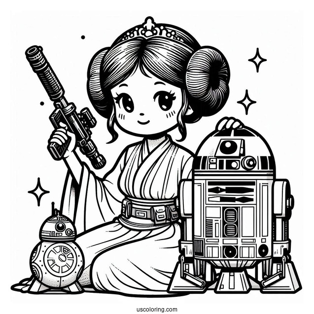 Princess Leia Holding Blaster And R2-D2 Coloring Page