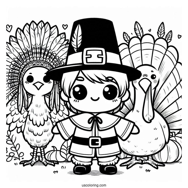 Chibi Pilgrim Coloring Page With Native Americans And A Turkey