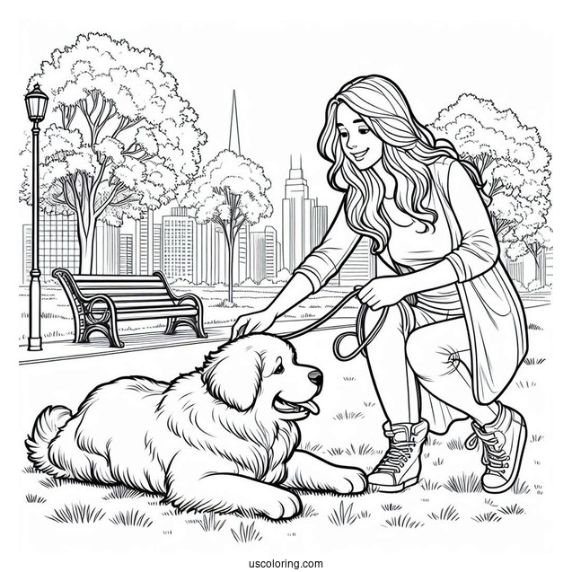 Woman Playing With Large Dog In Park Coloring Sheet