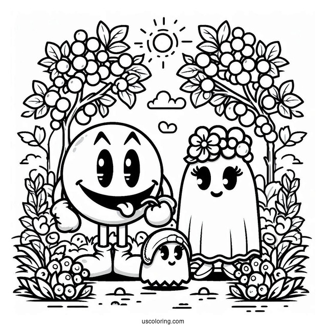 Pac Man With Mrs. Pac-Man Coloring Page And Baby In The Garden