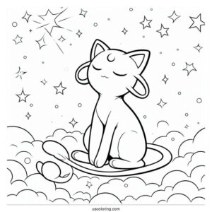Mew Coloring Page Floating In The Sky With Stars