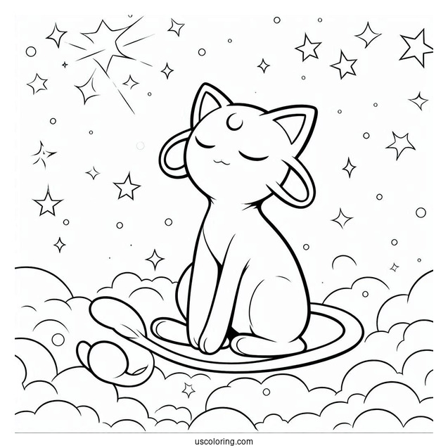 Mew Coloring Page Floating In The Sky With Stars
