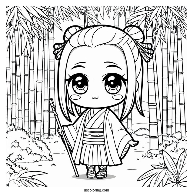Chibi Nezuko Coloring Page In Bamboo Forest For Preschoolers